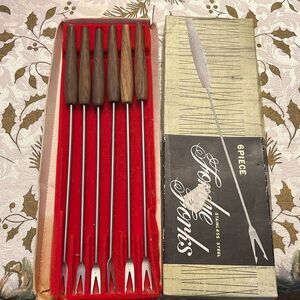 Stainless steel Fondue Forks 2 Prong Wood Handles with colored tip Mid Century
